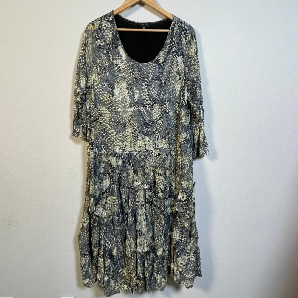 Comfy USA Snakeskin Print Tiered Mesh Midi Dress Womens 2X Grey Yellow Lagenlook